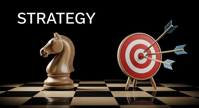 Chess knight and target symbolizing strategic planning business success goal achievement