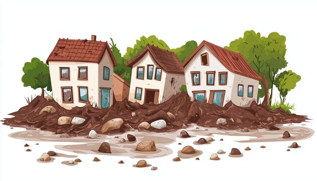 Devastating Mudflow Disaster: Landslides, Houses Washed Away By Mud Stream With Stones On White Background. Extreme Cataclysm Event