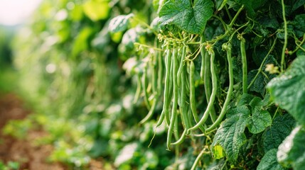 Lush green beans hanging from vines in a field