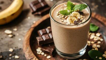 Stylish Protein Shake Recipe: Banana, Peanut Butter, Oats, And Agave Syrup With Chocolate Protein, Oatmeal, And Mint On Wooden Plate