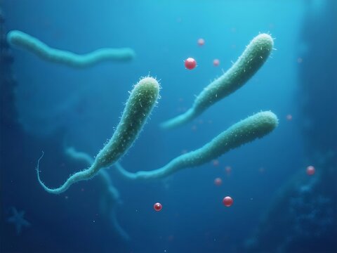 水中における鞭毛を持つ微生物のクローズアップ映像と赤い球体の散布図