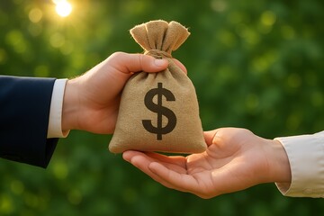 Hand giving money bag to another person on green background with sunrise, hand holding a bag of money