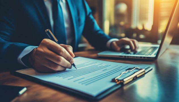 Businessman Writing On Clipboard In Front Of Laptop, Single Art - Portrays A Professional Man Engaged In Work With A Simple Artistic Touch.