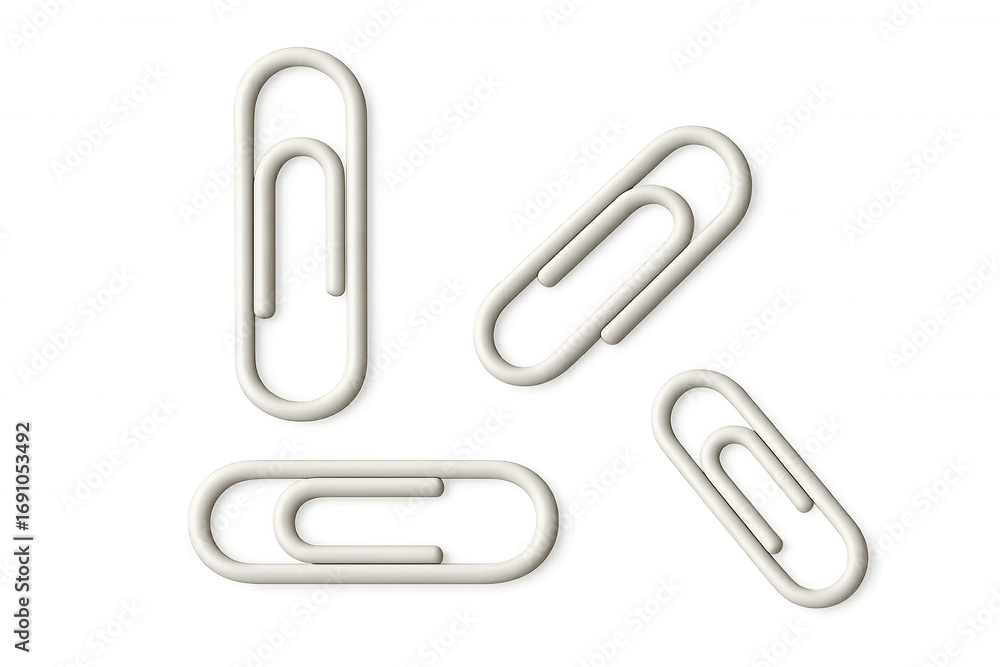 Poster four white paperclips lying on a transparent background, creating a simple yet effective visual
