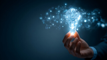 Hand holding glowing network light bulb, symbolizing innovation and global connectivity