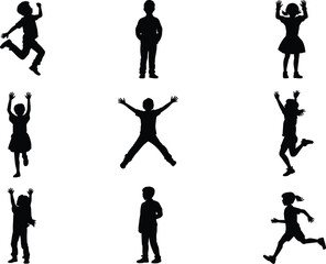 Children silhouettes jumping, kids playing, happy childhood moments, active boys and girls, running children, joyful poses, outdoor fun, playful kids illustration vector