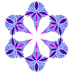 Fantasy floral purple mandala. Geometric round ornament of curved lines and shapes. Symmetrical violet flower on white background