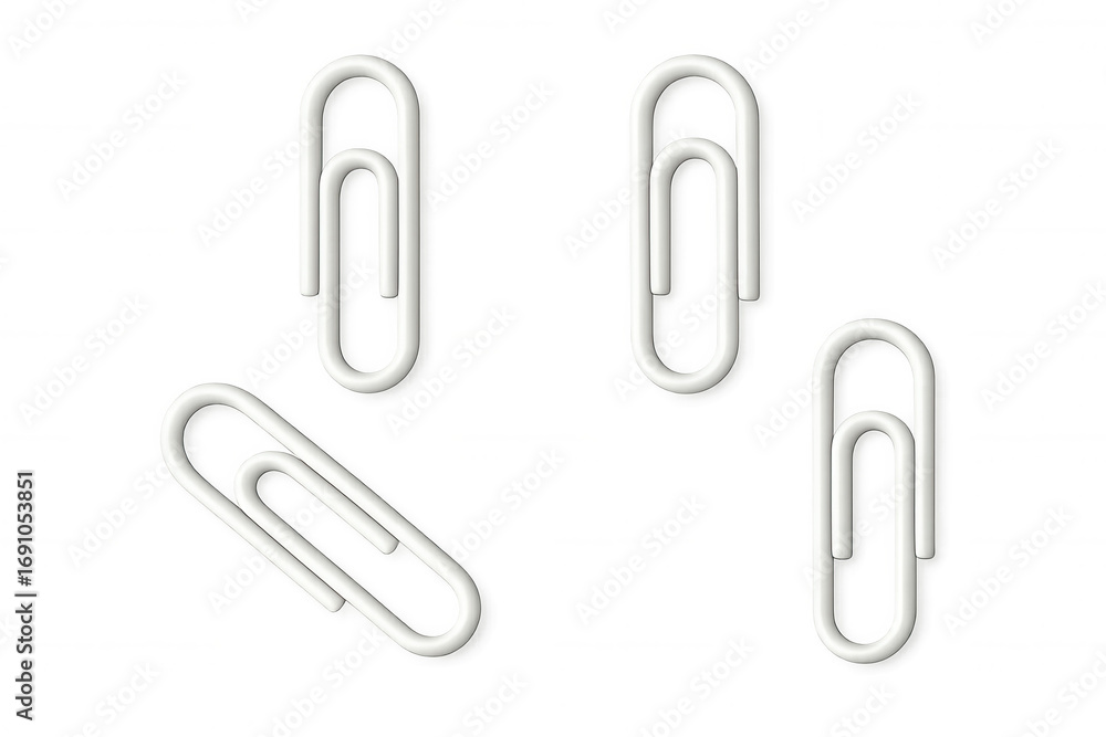 Poster white paperclips dropping randomly, casting soft shadows on clear surface, minimalist design element