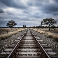 Obraz premium Garis rel kereta api membentang lurus di tengah padang rumput dan pohon.