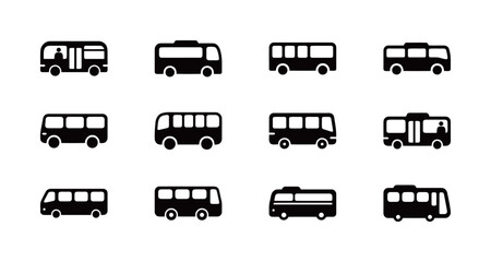 A collection of black solid vector icons showing different bus and public transportation styles, on a clean white background.