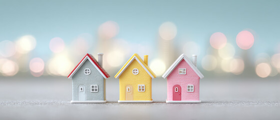 A Trio of Tiny Homes: Delightful pastel-colored houses, standing side by side, exude warmth, hinting at dreams, security, and the joy of homeownership in this inviting arrangement.