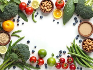 ヘルシーフードのカラフルな盛り合わせは白背景で上から見た健康的な食事のコンセプトを示しています