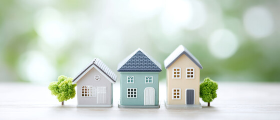 Dream Homes in Harmony: Miniature houses representing homeownership and dreams, nestled amidst lush greenery, with bokeh background, evoking feelings of tranquility and aspiration.