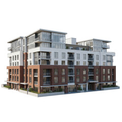 Modern multi-story apartment building with balconies and diverse facades transparent background