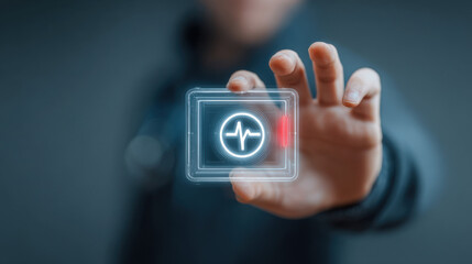 Healthcare Innovation: A person's hand interacts with a futuristic interface displaying a heartbeat symbol, a concept of advanced healthcare and medical innovation.