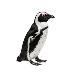 A full-body studio shot of an African penguin standing on a white background, showcasing its distinctive black and white plumage and pink eye patches.