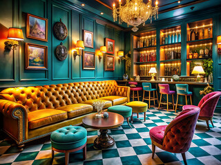 Luxurious bar interior with tufted sofa, checkered floor, and elegant chandelier, creating a sophisticated ambiance