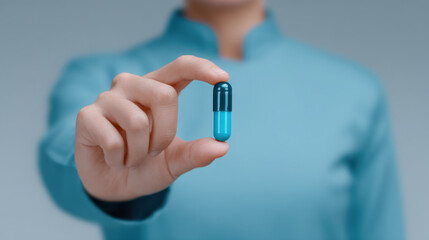 Holding a Blue Capsule: The image features a close-up shot of a person's hand holding a vibrant blue capsule, symbolizing health, treatment, and pharmaceutical advancements.