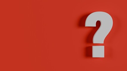 Minimal 3D white question mark icon on vibrant red backdrop, bold symbol for inquiry, curiosity, doubt, knowledge, communication, brainstorming, problem solving and information concept illustration