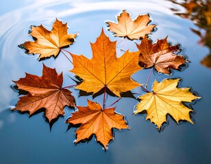 Obraz premium maple leaves floating on water surface, autumn foliage with translucent veins, clear reflection