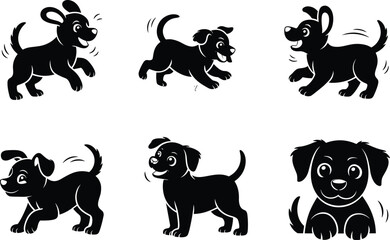 Cute puppy silhouettes, playful dog cartoon vector, happy pet animal illustration, adorable dog poses, wagging tail puppy design, smiling puppy artwork