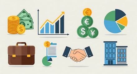Business and finance icons set illustrating growth investment wealth and success