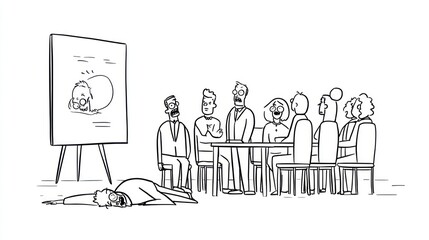 Meeting gone wrong, cartoon style.  Group laughs at presentation mishap