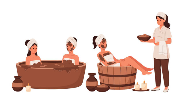 Relaxing spa treatment with mud bath and aromatherapy for women enjoying wellness and self care in a serene and tranquil environment