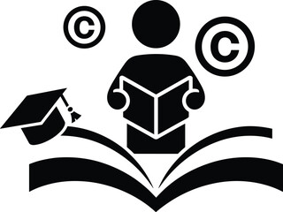 Education copyright vector illustration, student reading book with graduation cap, intellectual property protection concept for learning, study, knowledge, creativity and academic content design