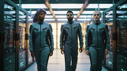 Data Center Team: Diverse Group Walking Through Server Room - Powered by Adobe