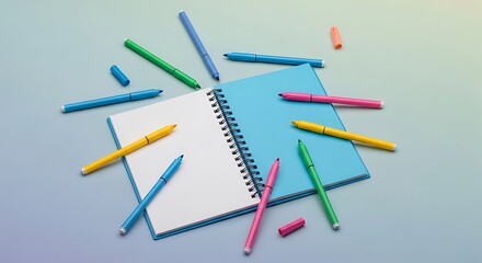 Open notebook with colorful markers on the table