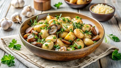 Rustic Gnocchi Bowl with Sautéed Mushrooms and Fresh Herbs on White Tabletop