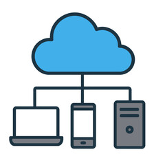 Digital Cloud Computing Network with Connected Laptop and Smartphone Devices, Illustrating Data Access, Storage, and Cross-Device Synchronization., Flat Vector Elements, Vector Illustration, Simple