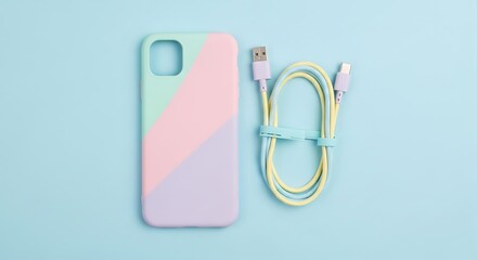 Pastel phone case and cable on blue background