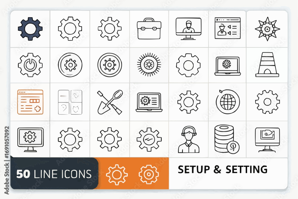 Fototapete illustration of a grid containing fifty line icons representing settings and setup configurations an