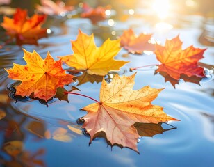 maple leaves floating on water surface, autumn foliage with translucent veins, clear reflection