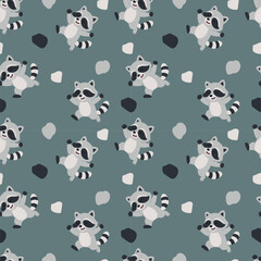 Seamless pattern with funny raccoons on blue background. Cute cartoon woodland animals for kids textile, baby fabric, nursery wallpaper, wrapping paper and children’s design projects.  © Katie