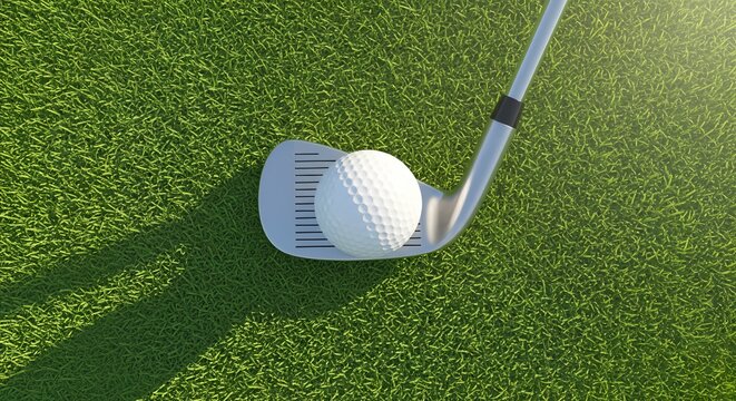 A lone white golf ball sits on the green grass of the course, ready for the golfer's next play with their club - Powered by Adobe