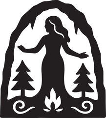 Folkloric cave spirit silhouette with mystical aura, cultural heritage, and mythical fantasy art.
