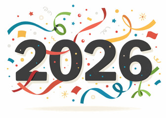 Fototapeta premium Illustration of the year two thousand and twenty six with confetti and colorful ribbons for celebration