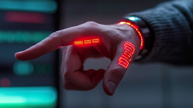 Wearable gesture control ring interacting with a holographic display, subtle hand movements controlling complex interfaces, intuitive computing - Powered by Adobe