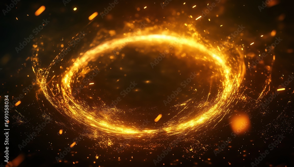 Poster shimmering ring of light: golden flash circles in radiant loop, sparkling rotation, and glowing effe