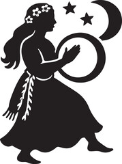 Folkloric moon festival silhouette with cultural dancers, night celebration, and mystical tradition.