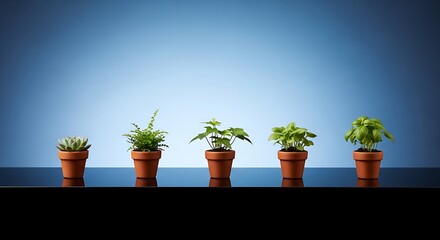 Plant growing in pot on blue background studio