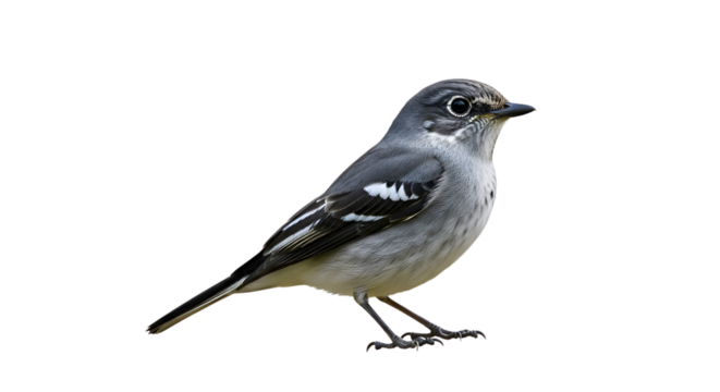 A small gray bird with white markings on its wings stands on a white background.
