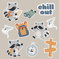 Camping raccoon stickers pack. Cute animals with backpack, compass, binoculars, signpost and chill out lettering. Vector illustration © Katie