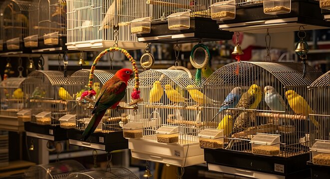 Pet Store: Colorful Birds in Cages for Sale, Variety of Parakeets and Lories - Powered by Adobe