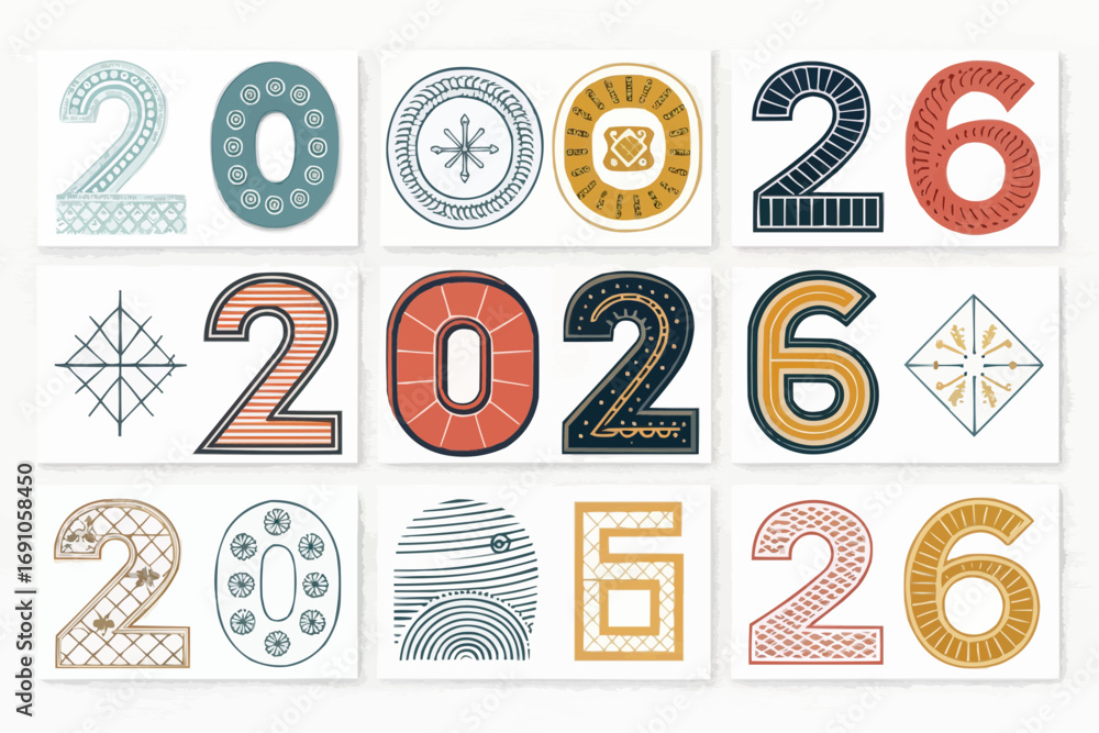 Poster nine decorative designs displaying the year twenty twenty six with various artistic patterns and col