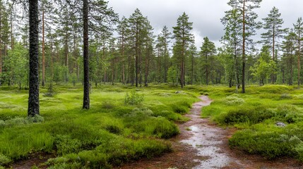 A winding dirt path traverses lush green marshland dotted with pine trees under a cloudy sky