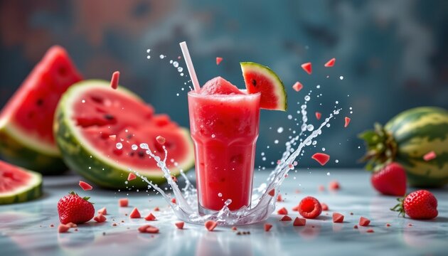 Product photography, commercial poster of a watermelon slushie including splashes, appetitive, cool atmosphere, shot with professional Leica M11 camera, masterpiece quality